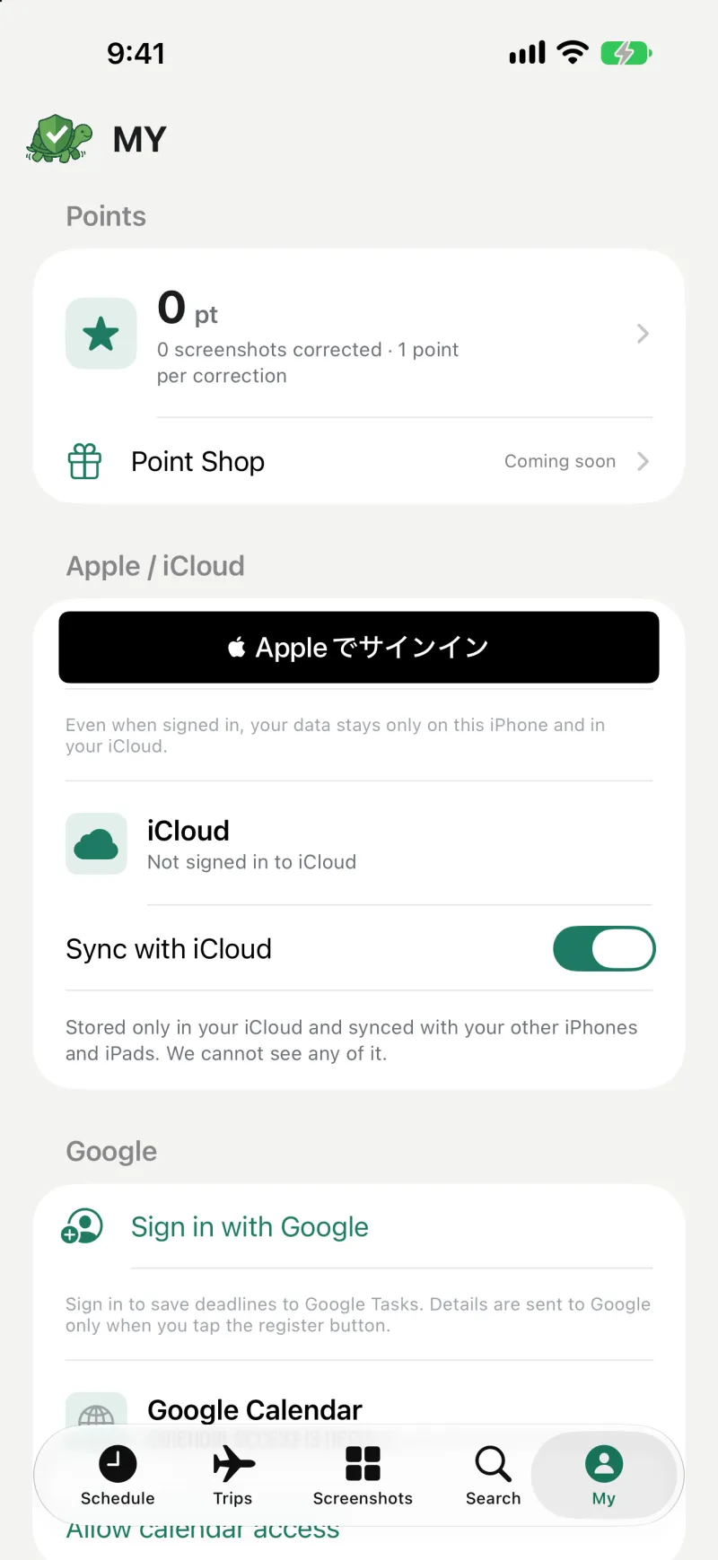 Checkame — MY — points, Apple / iCloud, Google