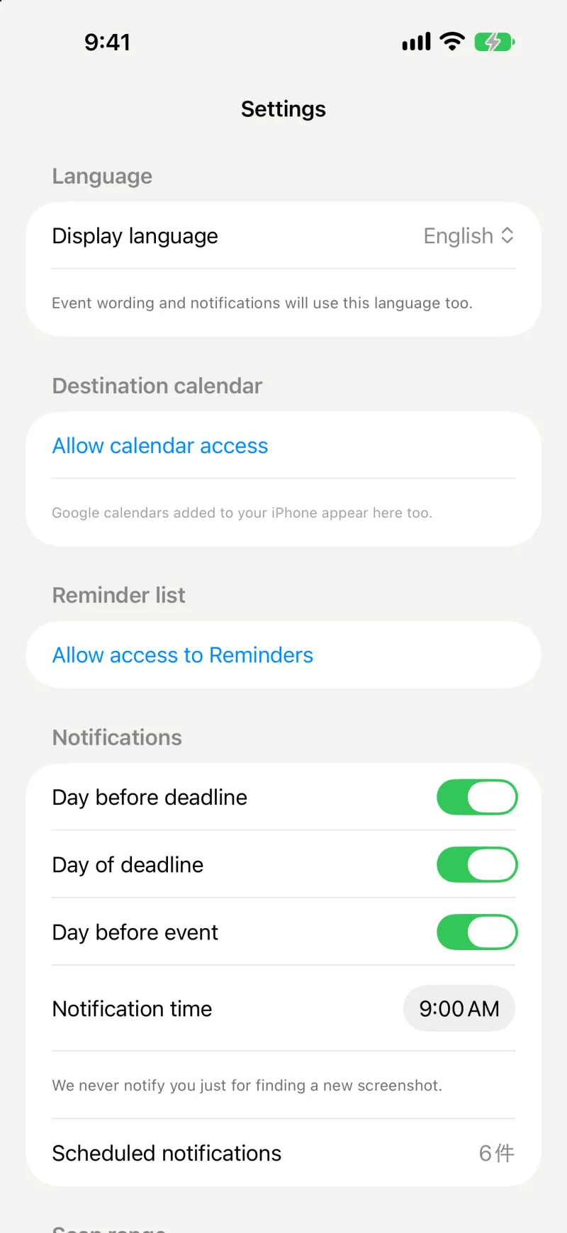 Checkame — Settings — language and privacy