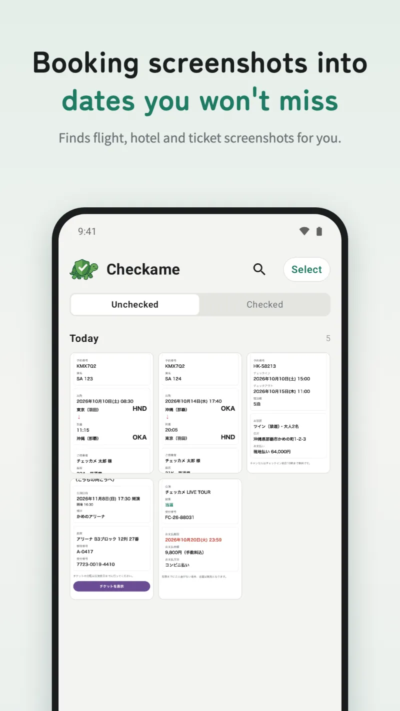 Checkame — Booking screenshots into dates you won't miss