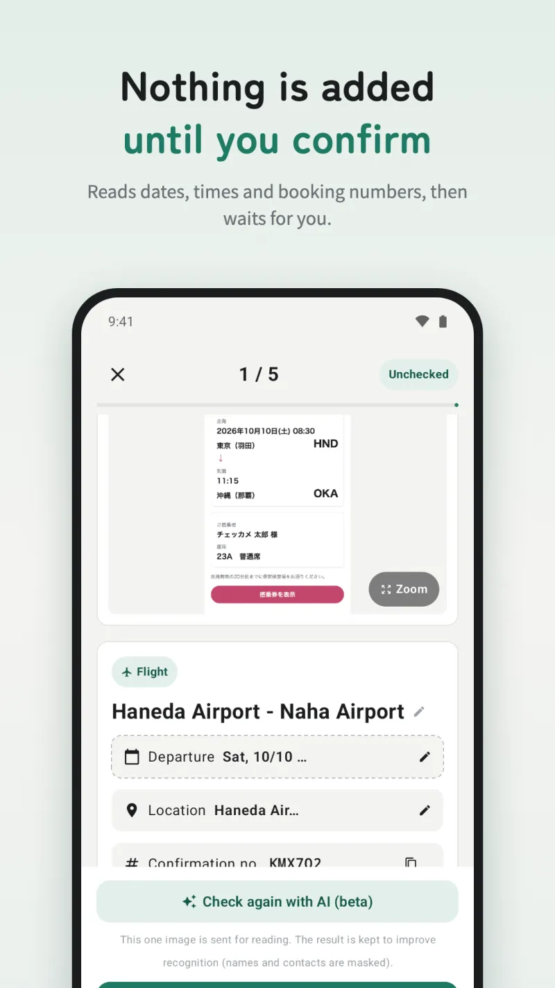 Checkame — Nothing is added until you confirm