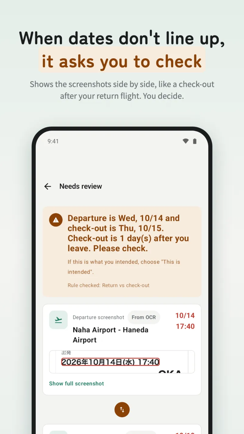 Checkame — When dates don't line up, it asks you to check