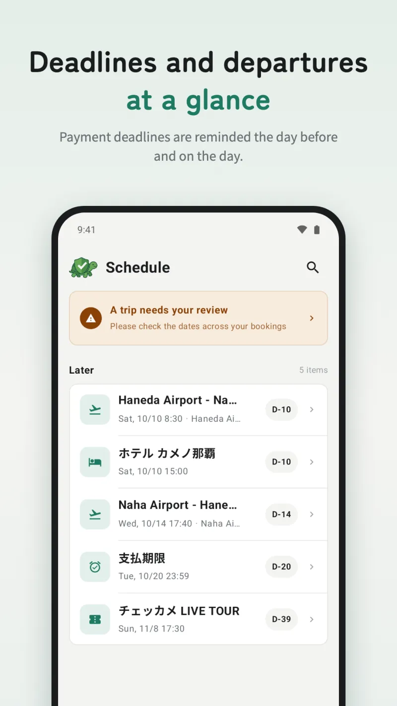 Checkame — Deadlines and departures at a glance