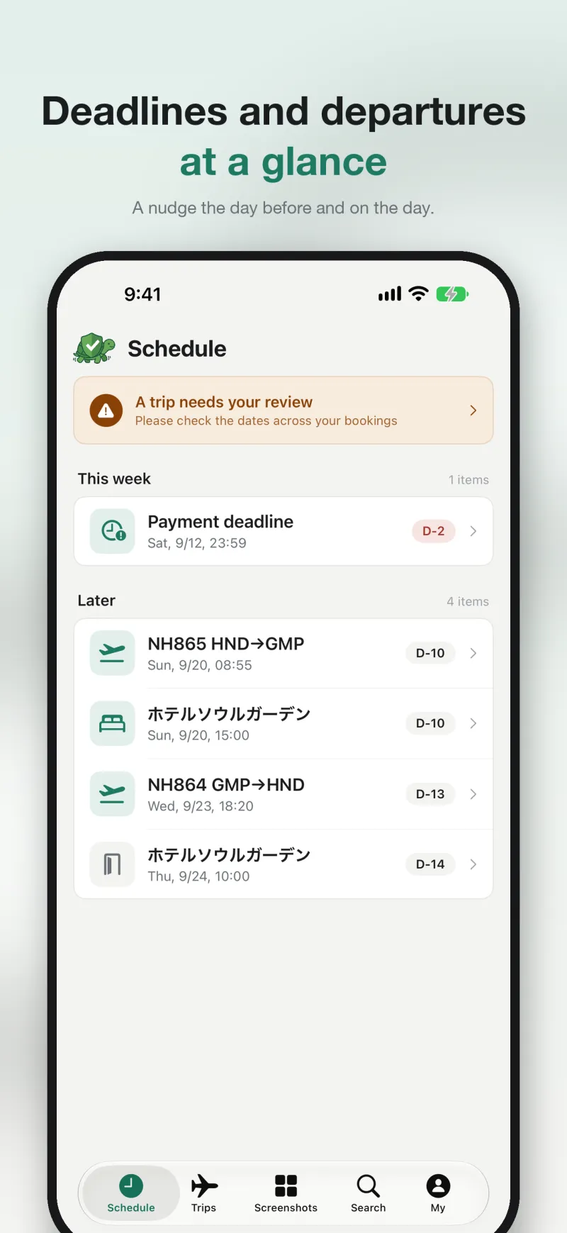 Checkame — Deadlines and departures at a glance